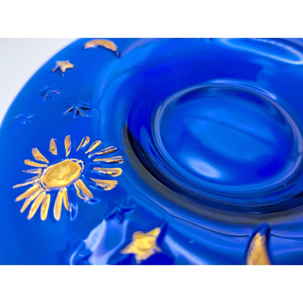 VTG IVV Cobalt Blue Glass Celestial Sun Moon Stars Gold Embossed Candle Plate 6"